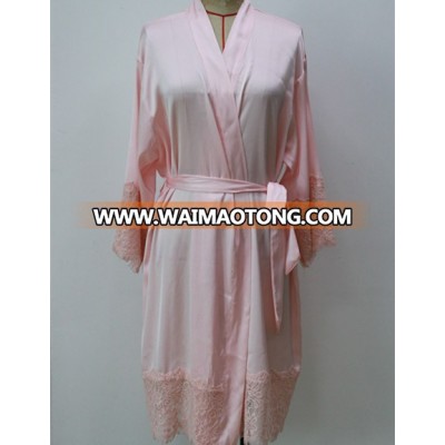 Costom soft modal jersey robe, sexy lace trim knee length robe, long sleeve lace trim jersey bathrobe