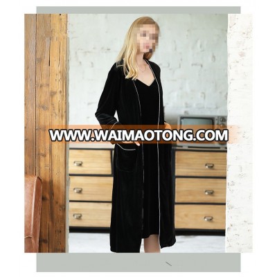 Customize ladies luxury velvet long robe, classic white piping long sleeve dressing gown